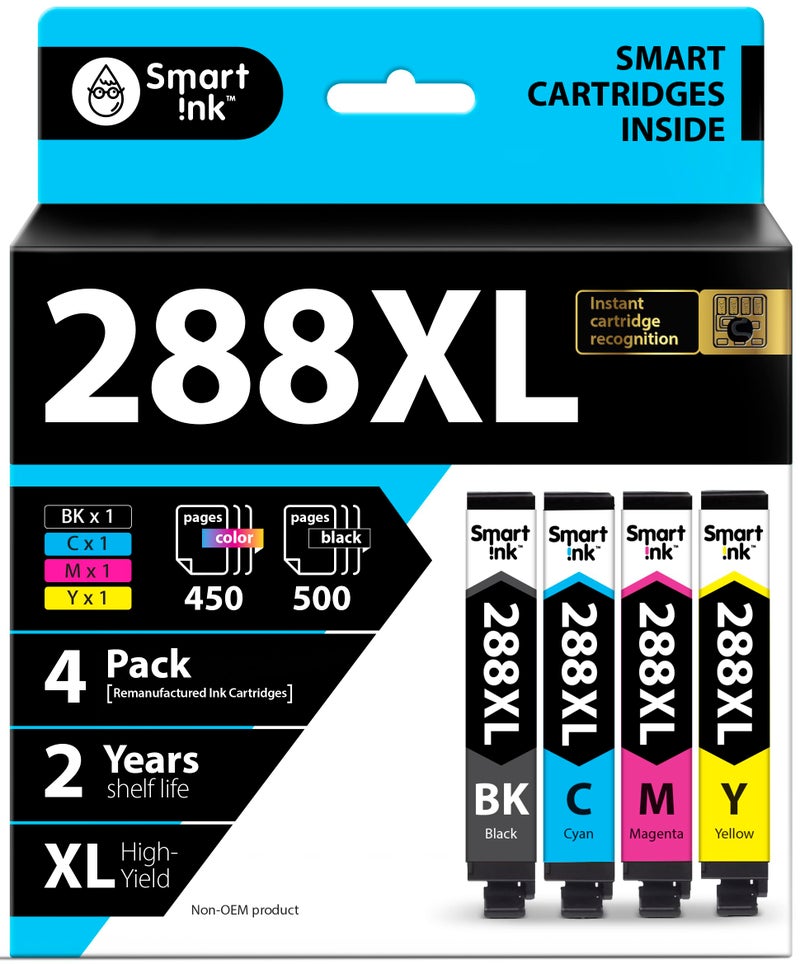 Smart Ink Remanufactured Ink Cartridge Replacement for Epson T288 288XL 288 XL (Black & C/M/Y 4 Combo Pack) to use with Expression Home XP-330 XP-430 XP-434 XP-446 XP-440 XP-340 - Image 1